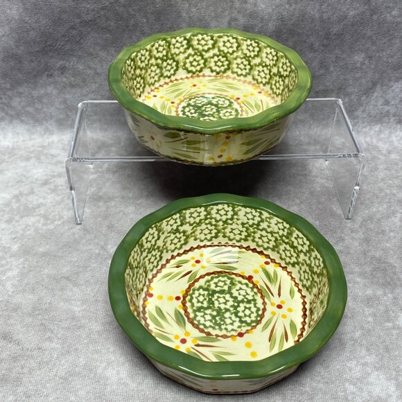 Temp-Tations Old World Green 5 inch Scalloped Edge Bowls Set Of 2 - Picture 1 of 9